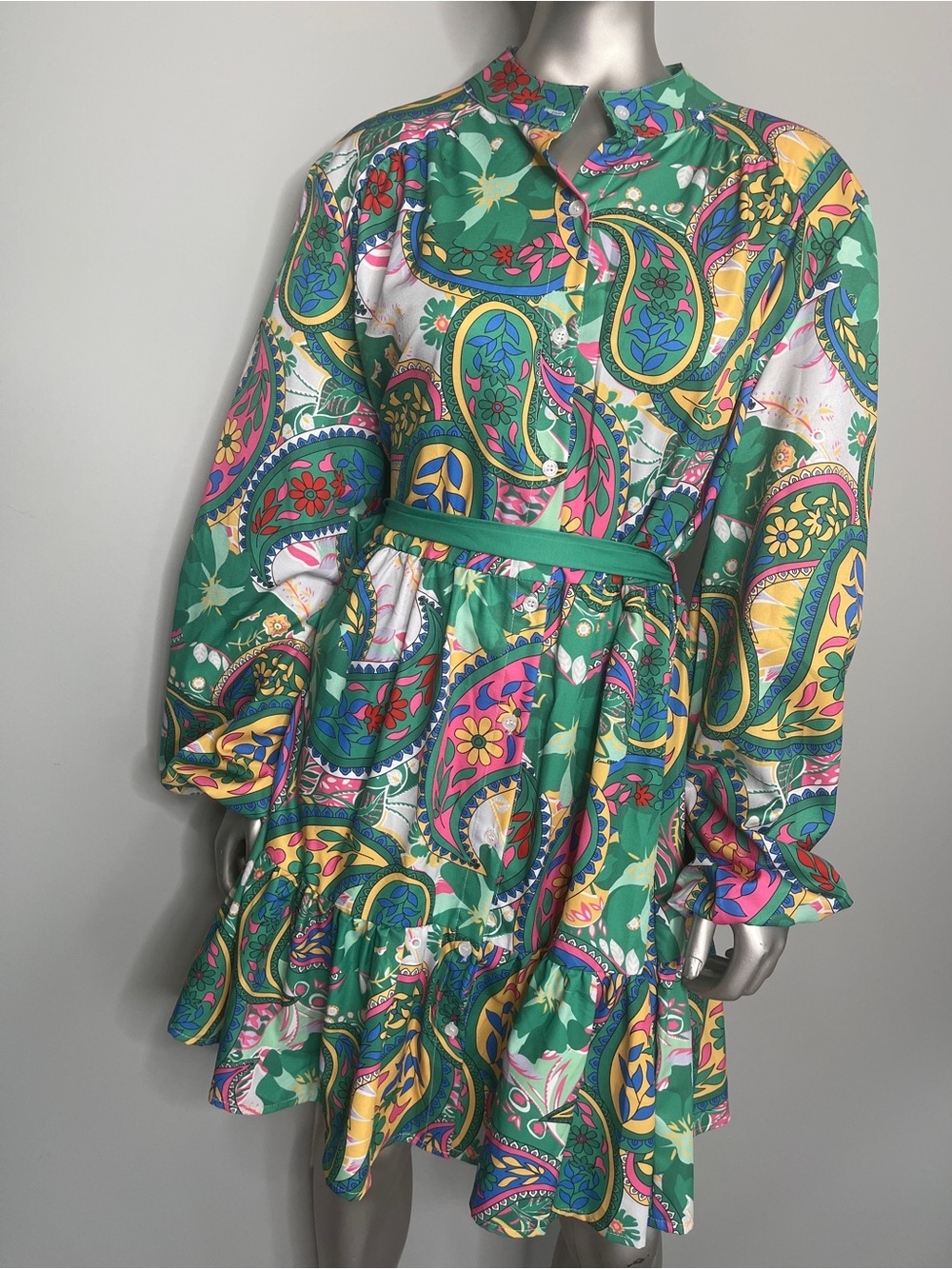 Green Paisley Tie Waist Long Sleeve Dress - Picture 5 of 10